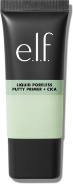 e.l.f. Liquid Poreless Putty Primer + Cica w matowej czarno-zielonej tubce, z białym logo, widok z przodu.