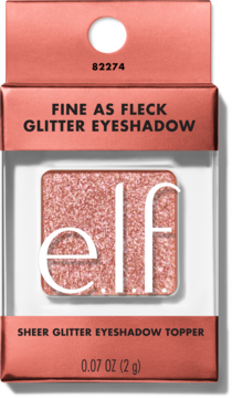 Brokatowy cień do powiek e.l.f. Fine As Fleck, rose gold, w pudełku z okienkiem, logo elf widoczne na cieniu.