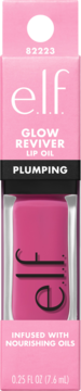 ELF Glow Reviver Plumping Lip Oil w różowym pudełku, widok z przodu, odsłonięta buteleczka z fuksjowym olejkiem.