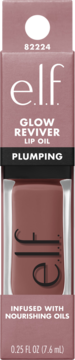 E.L.F. Glow Reviver Plumping Lip Oil z odżywczymi olejkami, w otwartym różowo-brązowym opakowaniu.