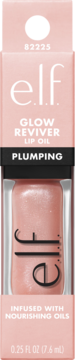 elf GLOW REVIVER LIP OIL PLUMPING w różowym opakowaniu, widok z przodu, z połyskującym różowym olejkiem.