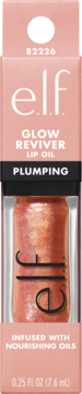 e.l.f. Glow Reviver Plumping Lip Oil in a peach box, showing the glittery product inside, full frontal.