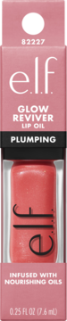 elf GLOW REVIVER LIP OIL PLUMPING, koralowy odcień w różowym opakowaniu z widoczną zawartością, widok z przodu.