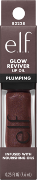 e.l.f. Glow Reviver Plumping Lip Oil. Brown box, shimmery product, infused with nourishing oils.
