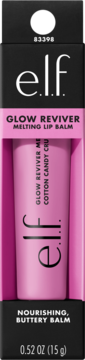 e.l.f. Glow Reviver Melting Lip Balm, Cotton Candy Crush, in black box with pink window showing the pink tube, front view.
