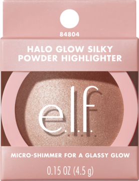Pudrowy rozświetlacz elf Halo Glow Silky w różowym opakowaniu. Widok z przodu, mikro-brokat dla szklanego blasku.