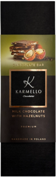 Karmello Milk Chocolate with Hazelnuts bar, dark packaging, image of chocolate pieces and whole hazelnuts.