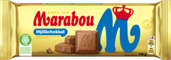 Marabou Mjölkchoklad, złota tabliczka mlecznej czekolady. Widok z przodu, błyszczące opakowanie z logo i kawałkami.
