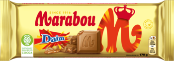 Złota czekolada Marabou Daim 175g w błyszczącym opakowaniu z czerwonym logo Marabou i Daimem, widok z przodu.