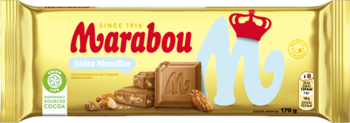 Złote opakowanie czekolady Marabou Salta Mandlar (175g), z grafiką mlecznej czekolady i solonych migdałów. Widok z przodu.