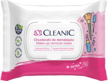 CLEANIC chusteczki do demakijażu, biało-różowe opakowanie 30 sztuk z kokosem i aloesem, widok z przodu.