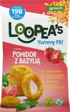 Chrupki Loopea's Yummy Fit! grochowe, o smaku pomidora z bazylią, w czerwonej torebce, widok z przodu.