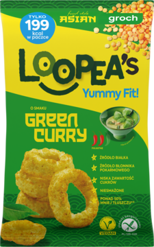 Żółto-zielone opakowanie chrupek Loopea's Green Curry, z pierścieniami z grochu i ryżu. Widok z przodu.