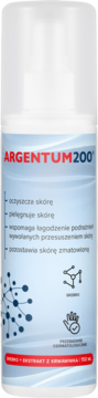 Biała butelka Srebro Argentum 200 aerozol 150ml, na skórę trądzikową i do matowienia, widok z przodu.