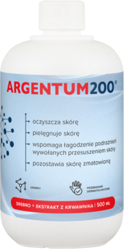 ARGENTUM200 tonik ze srebrem i krwawnikiem, 500ml, biała butelka, widok z przodu.