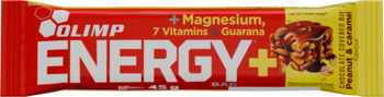 Czerwono-żółty baton OLIMP ENERGY o smaku orzechowo-karmelowym, z magnezem, guaraną i witaminami.
