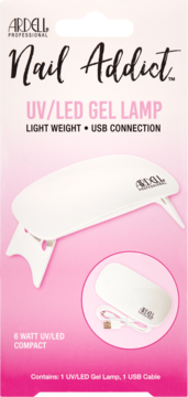 Ardell Nail Addict, biała lampa UV/LED 6W z USB, widok rozłożonej i złożonej z kablem na różowym tle opakowania.
