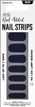 Ardell Nail Addict Nail Strips Midnight Sky, ciemnoniebieskie z brokatem, trwałe do 7 dni. Opakowanie, widok z przodu.