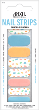 Ardell Nail Strips, front view. Package with blue, peach, and white terrazzo-patterned manicure strips.