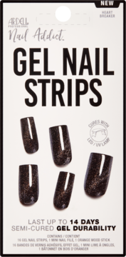 Opakowanie Ardell Nail Addict Gel Nail Strips Heart Breaker, ciemne brokatowe, półutwardzalne, trwałość do 14 dni.