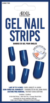 Ardell Gel Nail Strips Lunar Tide, półutwardzone, ciemnoniebieskie z brokatem, opakowanie z sześcioma paskami.
