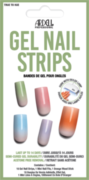 Ardell Gel Nail Strips, opakowanie z 5 gradientowymi paskami, półutwardzonymi, w pastelowych odcieniach, z logo 'TRUE TO HUE'.