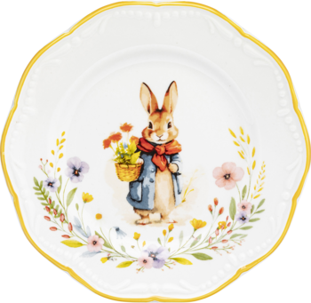 Dekoracyjny biały talerz ceramiczny z falistym brzegiem, złotą lamówką i wizerunkiem zająca z koszem kwiatów.