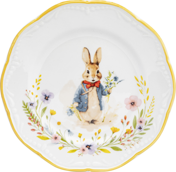 Biały talerz wielkanocny z Peterem Rabitem w niebieskiej marynarce, wiosenny kwiatowy wzór, żółty brzeg.