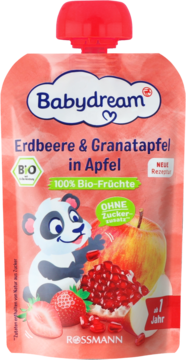Babydream mus owocowy Erdbeere & Granatapfel w różowej saszetce z pandą i owocami, bez cukru.