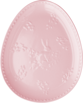 Różowy ceramiczny talerz w kształcie jajka, z wytłaczanym zającem i kwiatami, obrzeże z koralików, widok z góry.