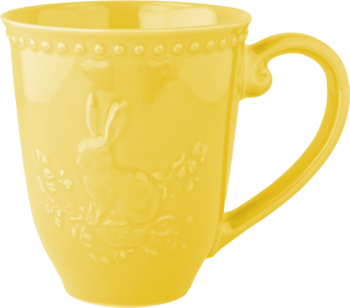 Żółty ceramiczny kubek z wytłoczonym zającem i listkami, błyszczący, koralikowy rant, ozdobny uchwyt.