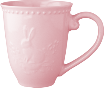 Jasnoróżowy kubek ceramiczny z wytłoczonym zającem w koszyku i kropkowaną krawędzią, ozdobne ucho, widok z boku.