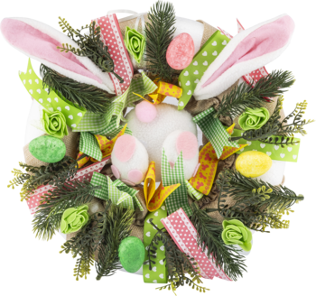 Wianek wielkanocny z futrzanym zajączkiem, różowymi uszami, zielonymi gałązkami, kolorowymi wstążkami i jajkami, widok z góry.