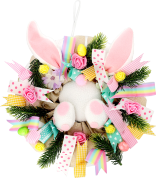 Wieniec wielkanocny z motywem zajączka: różowe uszy, puszysty ogonek, kolorowe wstążki i ozdoby.