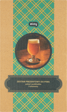 Eloy zestaw prezentowy kufel z podkładką, brązowe pudełko z zielonym paskiem w kratę, zdjęciem piwa.