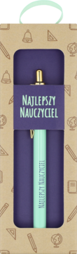Eloy Długopis w opakowaniu prezentowym. Mintowy długopis "Najlepszy Nauczyciel" w brązowym pudełku ze szkolnymi wzorami.
