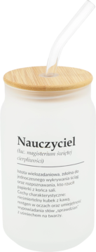 Eloy kubek szklany ze słomką, biały, z bambusową pokrywką, z definicją 'Nauczyciel' na froncie.