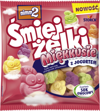 Nimm2 Śmiejżelki Miękkusie z Jogurtem, różowa torebka z uśmiechniętymi żelkami owocowymi i witaminami, widok z przodu.