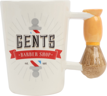 Biały kubek do golenia GENTS BARBER SHOP z logo i pędzlem z beżowym włosiem, widok z boku.