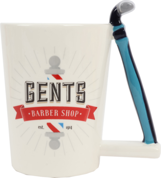 Biały kubek do golenia GENTS BARBER SHOP z klasycznym logo, obok niego niebieska maszynka w białym stojaku.