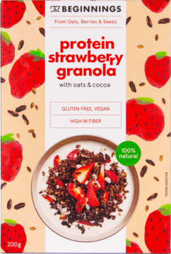 Granola The Beginnings proteinowa truskawkowa 200g, pudełko z truskawkami, miska granoli, gluten free.