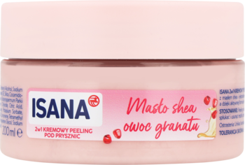 Isana 2w1 kremowy peeling pod prysznic Masło Shea, Owoc Granatu, w różowym słoiczku, widok z przodu.