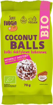 Front zielonej paczki Super Fudgio BIO Coconut Balls 70g. Wegańskie kulki daktylowe kokosowe.