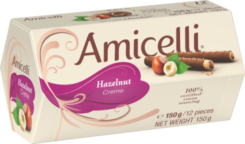 Amicelli Hazelnut Creme, białe pudełko. Widok z przodu i z boku na czekoladowe rurki waflowe z orzechami.