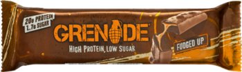 Grenade Fudged Up baton proteinowy brownie, 20g białka, niskocukrowy. Brązowe opakowanie, pomarańczowe napisy, widok z przodu.