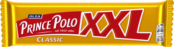 Prince Polo XXL Classic, baton waflowy w błyszczącym żółtym opakowaniu z czerwonym logo i białymi napisami, widok z przodu.