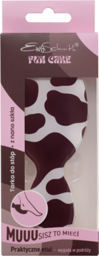 Tarka do stóp Ewa Schmitt Fun Care z nano szkła, wzór krowie łaty, w różowo-brązowym etui podróżnym.