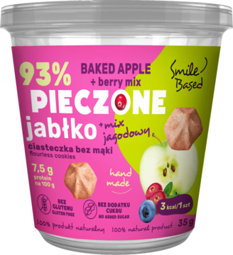Deser Smile Based: pieczone jabłko, mix jagód i ciasteczka bez mąki. Różowy kubeczek, widok z góry, 35g.