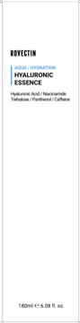 Rovectin Hyaluronic Essence 180ml, biała butelka z niebieskim i czarnym tekstem na etykiecie, widok z przodu.