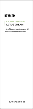 Białe opakowanie ROVECTIN Calming/Sensitive Lotus Cream 60ml z zieloną linią i czarnym logo, widok z przodu.